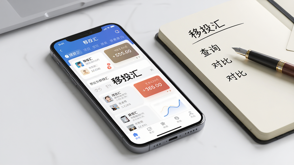 主体:一部手机显示“移投汇”App主界面,旁边放着一本笔记本和一支笔,暗示用户在学习使用。布局:手机倾斜放置,屏幕内容清晰可见,笔记本上写着一些关于“移投汇”的功能笔记。排版:屏幕上的界面元素清晰,App名称“移投汇”在屏幕中央,背景为简洁的办公桌面。风格:实拍风格与3D渲染结合,光线明亮,色调柔和,突出清晰度和真实感。细节:手机屏幕内容为“移投汇”的首页,显示项目列表和汇率卡片,笔记本上写有“查询”、“对比”等文字。画质:高清,干净无多余元素。
