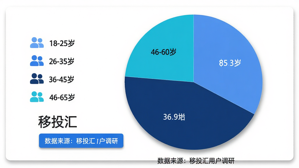 主体:一张饼状图,展示“移投汇”用户年龄分布,分为18-25岁、26-35岁、36-45岁、46-60岁四个年龄段。布局:饼状图居中,左侧有图例,下方有“移投汇”字样和蓝色的数据标签。排版:饼状图各部分比例清晰,颜色分别为浅蓝、蓝色、深蓝、青色,数据标注在扇区上。风格:简洁的信息图表风格,背景为白色,图表边缘有轻微的阴影。细节:图例旁有用户形象图标,图表底部有“数据来源:移投汇用户调研”小字。画质:高清,干净,无多余元素。