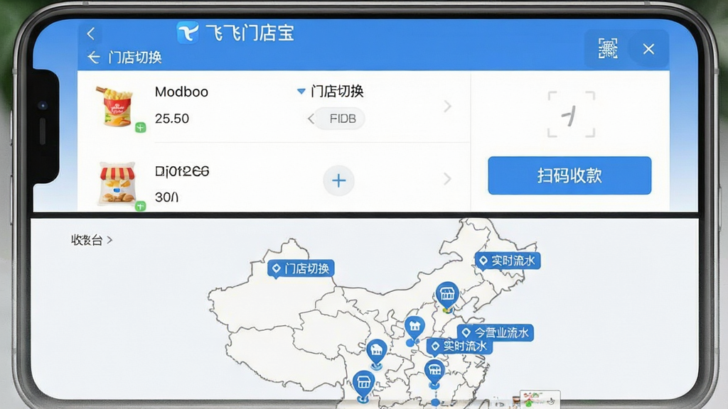 一张手机界面截图风格图片,展示“飞飞门店宝”的收银与多门店管理功能。画面分为上下两部分,上半部分是收银台界面,显示商品列表和“扫码收款”按钮,下半部分是一个简易的中国地图,上面分布着几个店铺图标并带有今日营业数据标签。整体风格扁平化,蓝白配色,界面文字清晰,标注有“门店切换”、“实时流水”等字样,画质干净明亮,无多余元素。