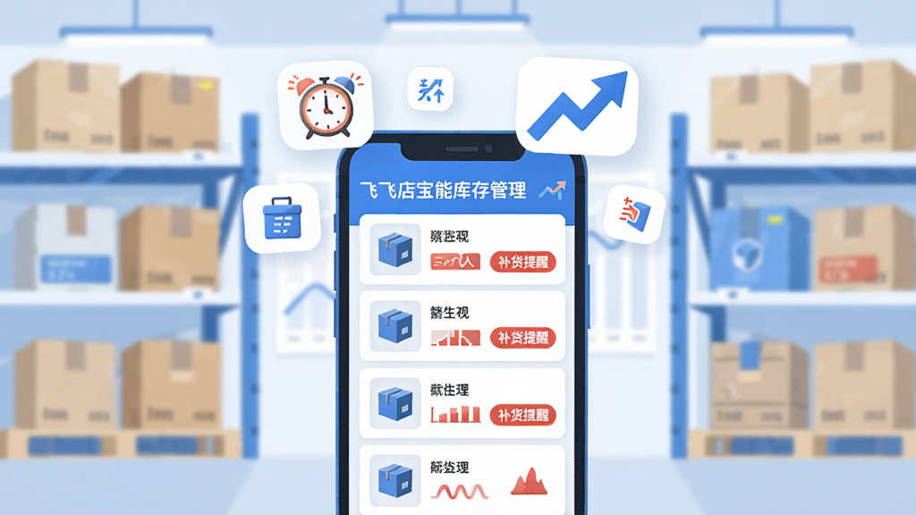 一幅插画风格图片,主题为“飞飞门店宝智能库存管理”。画面中心是一个手机屏幕,屏幕上显示库存预警列表,有商品图片、名称和“补货提醒”按钮,屏幕上方悬浮着几个小图标如闹钟、趋势箭头上升。背景是一个整洁的仓库货架,上面摆放着各种商品箱子。整体风格简洁明亮,蓝白主色调,突出预警和趋势数据,画质清晰干净。