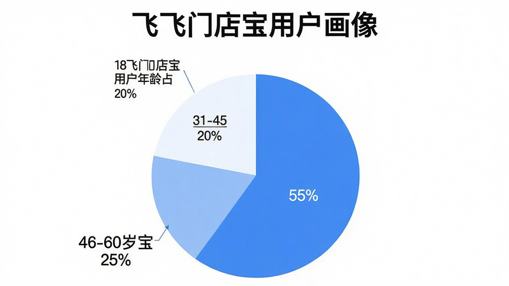 一个饼状图,展示“飞飞门店宝”用户年龄分布:18-30岁占20%,31-45岁占55%,46-60岁占25%。图表采用蓝白配色,每个扇区旁有清晰的百分比标签,背景干净,带有“飞飞门店宝用户画像”标题,整体风格专业且易读。