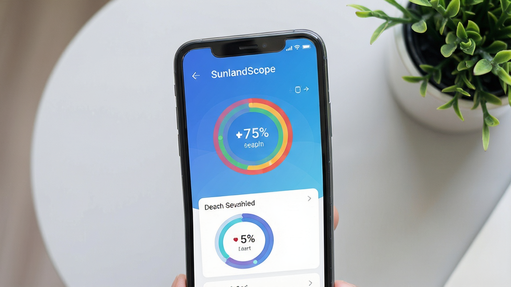 一张展示智能手机运行SunlandScope应用的场景图,手机屏幕清晰显示健康数据看板,包含步数、心率、睡眠质量等彩色环形图表,界面以蓝白渐变为主色调,整体布局简洁现代,扁平化设计风格,画质干净明亮,无多余元素,图片中手机屏幕上方有“SunlandScope”字样,背景为浅灰色桌面,搭配绿植,营造科技与健康融合的氛围。
