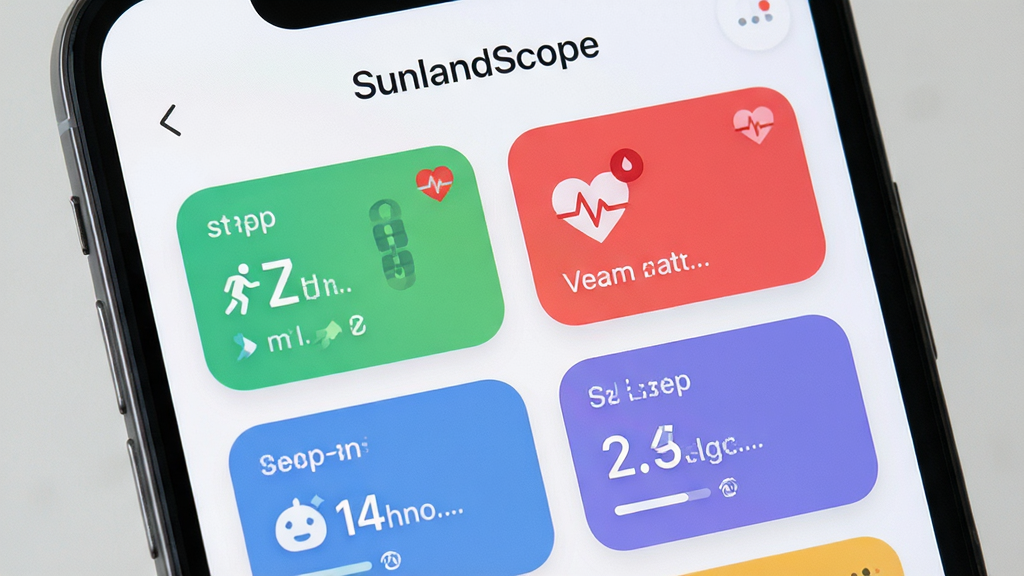 SunlandScope应用的健康看板界面特写,屏幕展示彩色数据卡片,包含步数、心率、睡眠评分,卡片圆角设计,背景为浅白色,扁平化UI风格,排版整齐,细节精致,画质干净,无多余元素,界面顶部显示“SunlandScope”应用名称。