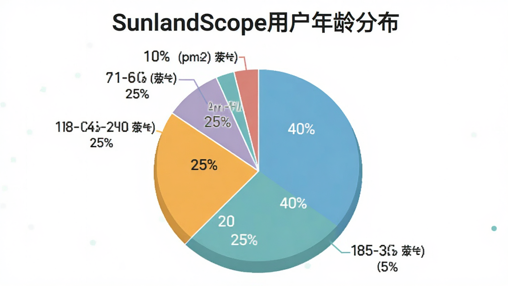 饼状图展示SunlandScope用户年龄分布:18-25岁占25%,26-40岁占40%,41-60岁占25%,60岁以上占10%,图表配色清新,扁平化风格,背景白色,清晰标注“SunlandScope用户年龄分布”标题。
