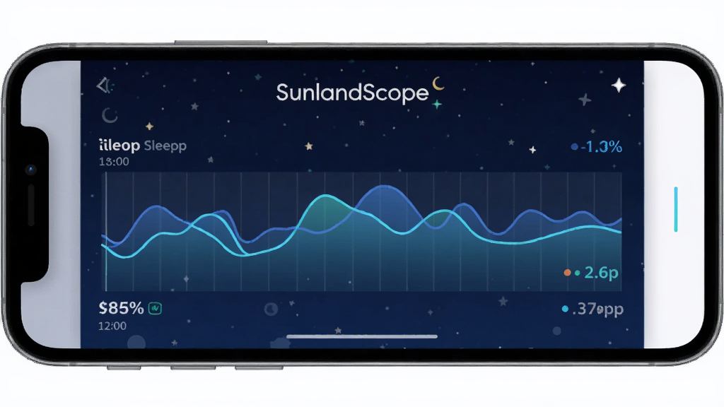 SunlandScope应用睡眠监测功能界面,屏幕显示深浅睡眠时间轴,有波浪曲线和百分比数据,背景为深蓝色星空风格,扁平化设计,界面简洁,画质干净,无多余元素,屏幕上方有“SunlandScope”字样。