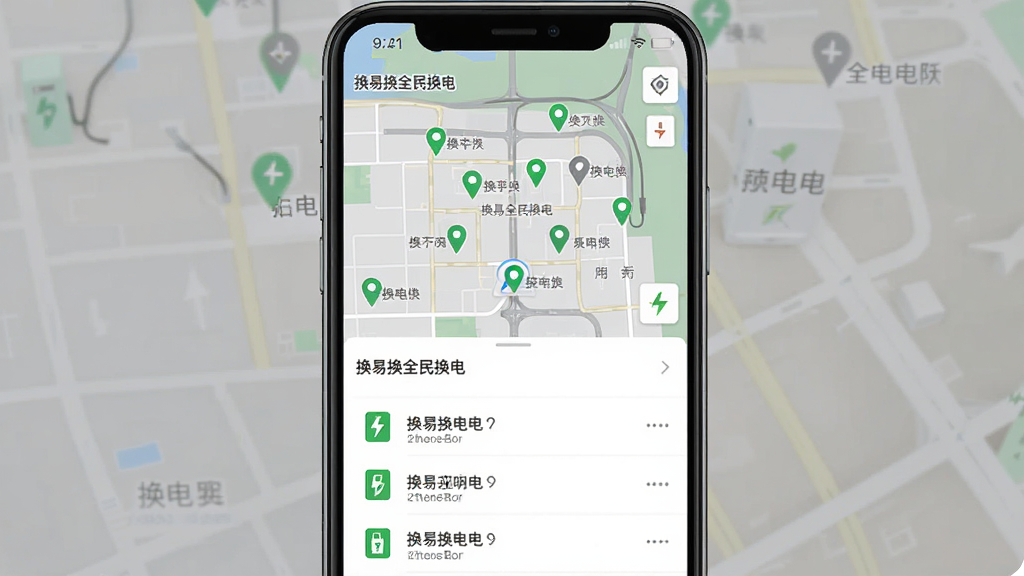 图片主体为手机地图导航界面,显示“换易换全民换电”附近换电柜分布点,布局为上下结构上方地图下方列表,排版清晰,风格扁平化设计,细节包括绿色和灰色的点位标记,画质干净无多余元素