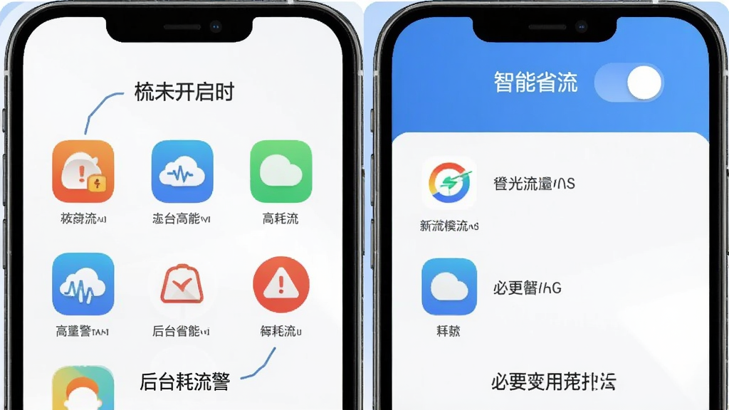 对比图展示开启“橙光流量站”智能省流模式前后的流量消耗差异,左边是未开启时多个应用后台高耗流警示,右边是开启后只有必要应用在运行,顶部有“智能省流”开关按钮。布局左右对称,排版清晰,风格简洁明了,蓝白配色,细节突出,画质干净无多余元素。