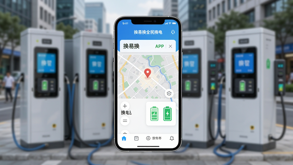 图片主体为一部智能手机屏幕特写,屏幕内显示“换易换全民换电”APP主界面,背景是城市街道上一排智能换电柜,布局采用手机居中、换电柜虚化背景的构图,排版简洁清晰,风格现代写实,细节包括屏幕上的地图定位和电池图标,画质高清干净无多余元素