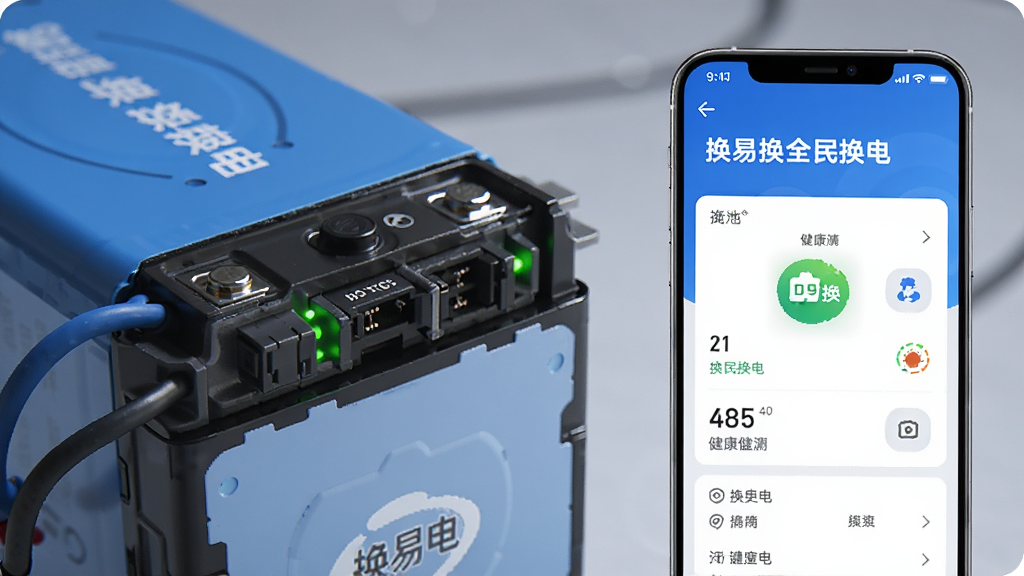 图片主体为一块智能换电锂电池特写,旁边手机显示“换易换全民换电”电池健康监测界面,布局为左右构图,排版专业,风格科技感,细节包括电池上的接口和状态指示灯,画质高清干净无多余元素