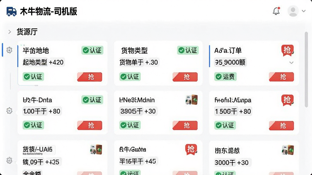 一张物流大数据看板界面,主体为“木牛物流-司机版”货源大厅,布局为列表式订单卡片,每张卡片显示起止地、货物类型、运费金额,风格简洁商务,细节有绿色“认证”标签和红色“抢”字按钮,画质干净无多余元素。