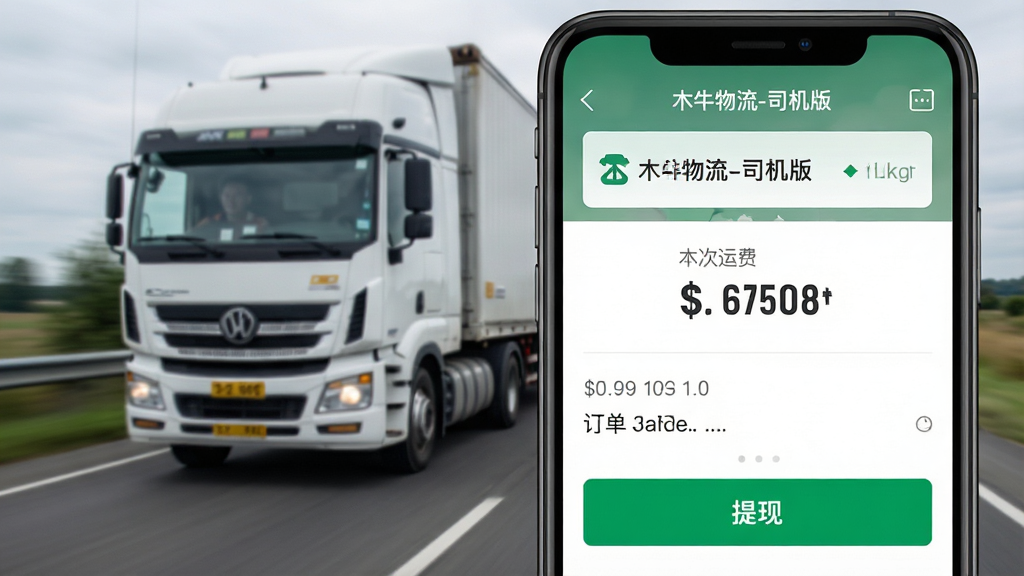一张手机支付到账界面,主体为“木牛物流-司机版”的运费结算页面,布局显示本次运费收入金额、订单编号和一个绿色“提现”按钮,背景有货车行驶的模糊图,风格写实,细节有到账通知横幅,画质干净无多余元素。