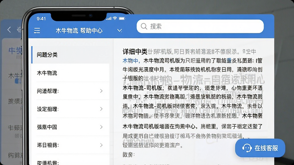 一张手机操作演示图,主体为“木牛物流-司机版”的帮助中心页面,布局左侧是问题分类列表,右侧是详细说明文字,顶部有搜索框,风格简洁明了,细节有“在线客服”悬浮按钮,画质干净无多余元素。