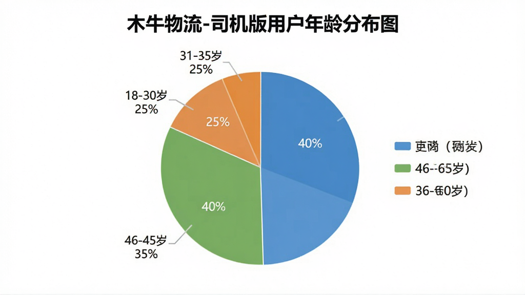 一张数据图表,主体为“木牛物流-司机版用户年龄分布图”,布局为饼状图样式,分为18-30岁占25%,31-45岁占40%,46-60岁占35%,风格简洁商务,细节有图例和百分比标注,画质干净无多余元素。