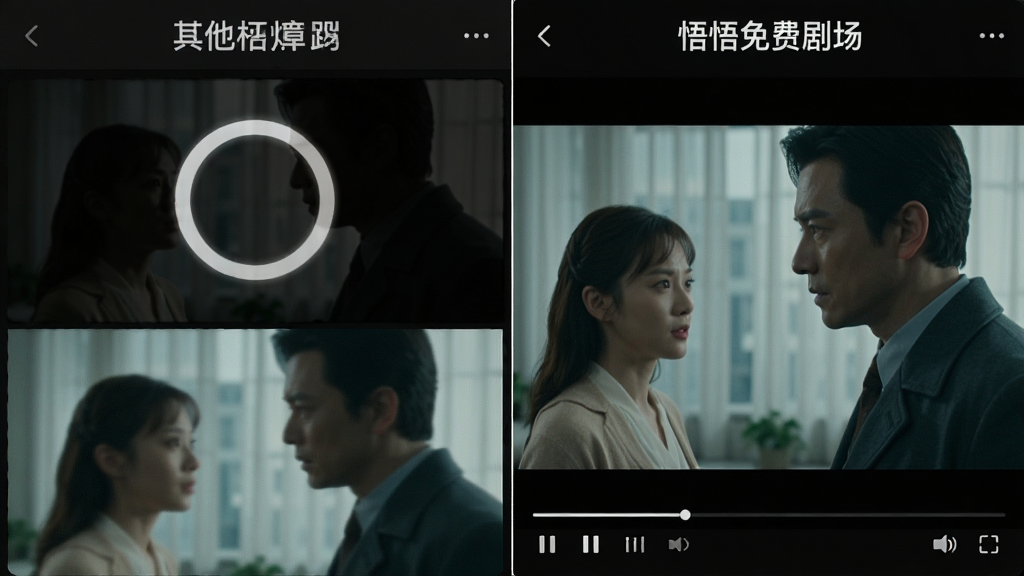 一幅对比图,左侧是其他视频软件播放视频时出现缓冲转圈和模糊画质的画面,右侧是“悟悟免费剧场”播放高清电影时画面清晰流畅、无卡顿的界面,右侧界面底部有播放控制条,整体风格写实,画质干净,无多余元素,突出流畅与高清的对比