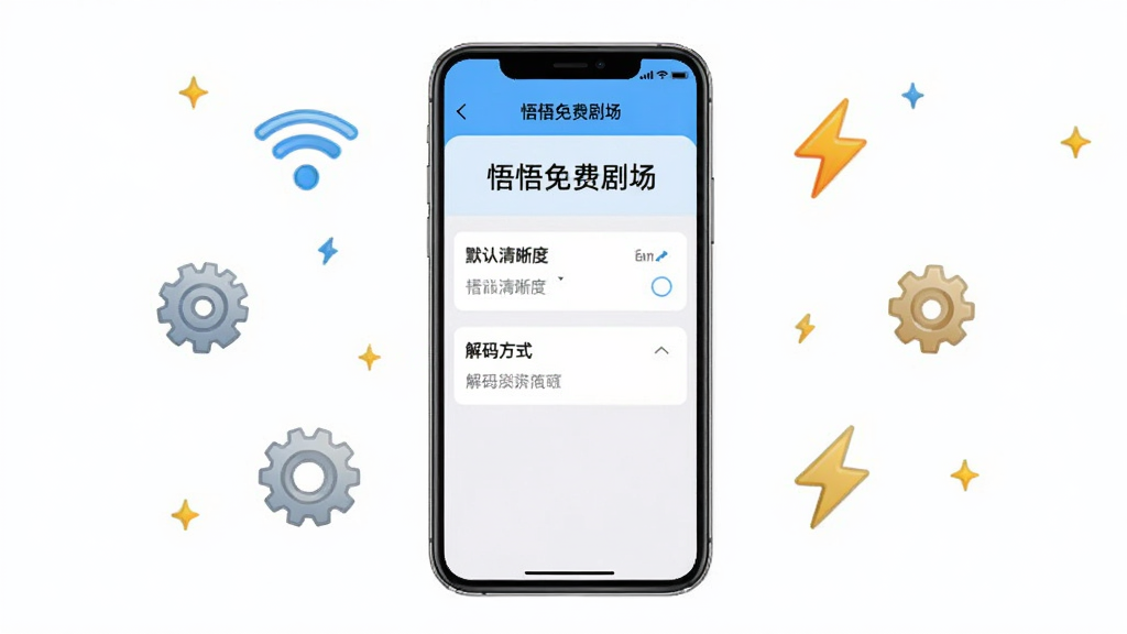一张图示风格的图片,画面中央是一部智能手机,手机屏幕显示“悟悟免费剧场”的设置界面,界面上有“默认清晰度”和“解码方式”等选项,手机周围环绕着WiFi、齿轮、闪电等小图标,暗示优化和流畅的含义,整体风格简洁明快,画质干净,无多余元素