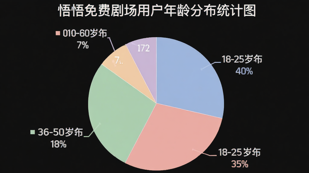 一个饼状图,标题为“悟悟免费剧场用户年龄分布统计图”,图中分为四个色块,分别代表18-25岁占35%,26-35岁占40%,36-50岁占18%,51-60岁占7%,每个色块旁有对应的文字标签和百分比,整体风格简洁清晰,配色柔和,画质干净,无多余元素