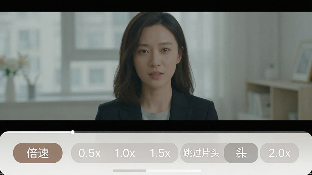 一张手机播放器界面的截图,界面中显示视频正在播放,底部控制栏上清晰可见“倍速”按钮和“跳过片头”按钮,并配有0.5x、1.0x、1.5x、2.0x的选项标签,界面风格简洁,颜色柔和,画质干净,无多余元素,强调功能的便捷性