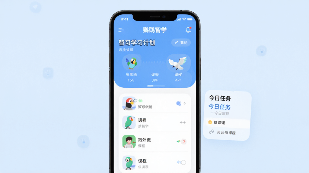 鹦鹉智学应用主界面,展示智能学习计划与课程列表,背景为淡蓝色调,界面简洁现代,手机屏幕居中,主体为学习数据看板与今日任务卡片,排版清晰,图标圆润,画质高清,干净无多余元素。