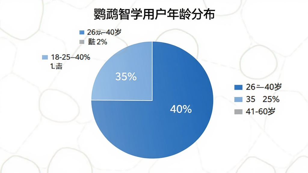鹦鹉智学用户满意度饼状图,展示18-25岁占40%,26-40岁占35%,41-60岁占25%,主色调为蓝色系,图例清晰,标题为“鹦鹉智学用户年龄分布”,风格简洁商业图表,画质高清。