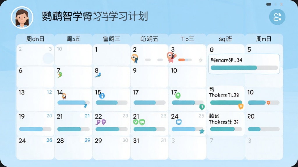 鹦鹉智学智能学习计划界面,显示一周学习日历与每日任务进度条,用户头像在左上角,主色调为浅蓝与白色,风格扁平化,日历格子清晰,进度条醒目,画质干净,无多余装饰。