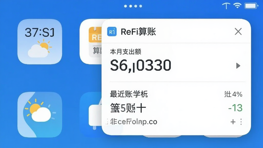 一张手机截图,主体是“ReFi算账”的桌面小部件,显示本月支出总额和最近一笔记账信息,背景是手机主屏幕,有时间和天气图标,布局简洁,蓝白风格,扁平化设计,画质干净无多余元素