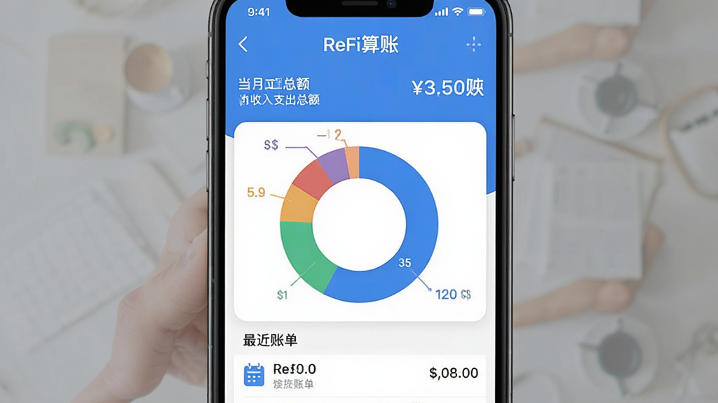 一张手机截图风格的图片,主体是“ReFi算账”主界面,顶部显示当月收入支出总额,中间是分类环形统计图,下方是最近账单列表,整体布局清晰,蓝白配色,界面扁平化设计,细节圆润,画质干净无多余元素