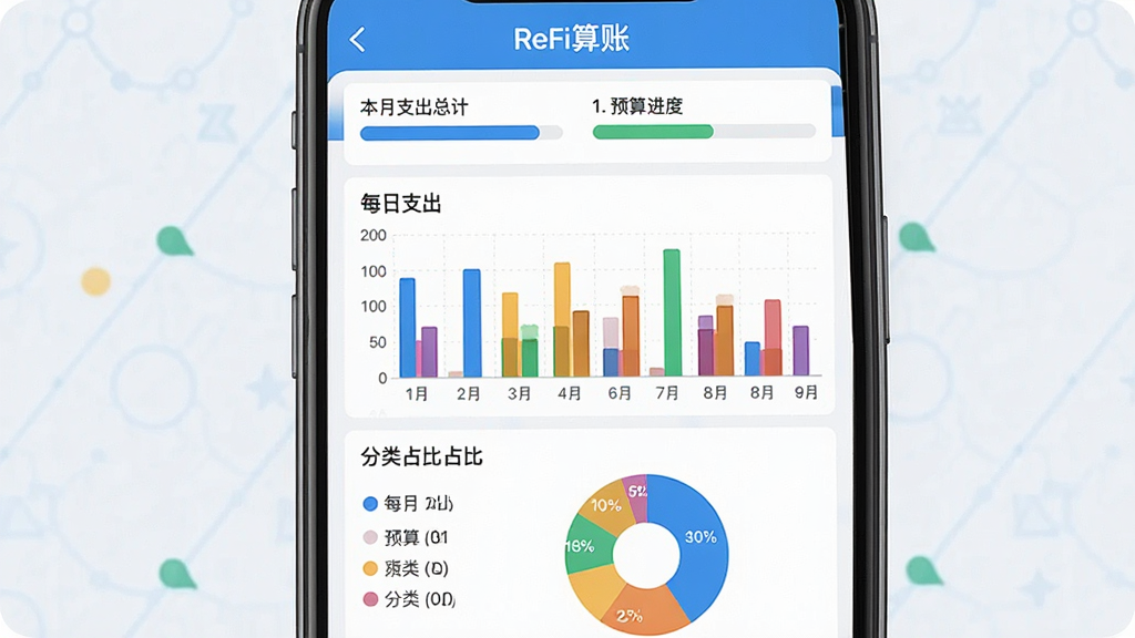 一张手机截图,主体是“ReFi算账”的统计报表界面,上方是本月支出总计和预算进度条,中间是彩色柱状图展示每日支出,下方是饼状图展示分类占比,左侧有图例说明,风格现代扁平,蓝白主色调,数据清晰可读,画质干净无多余元素