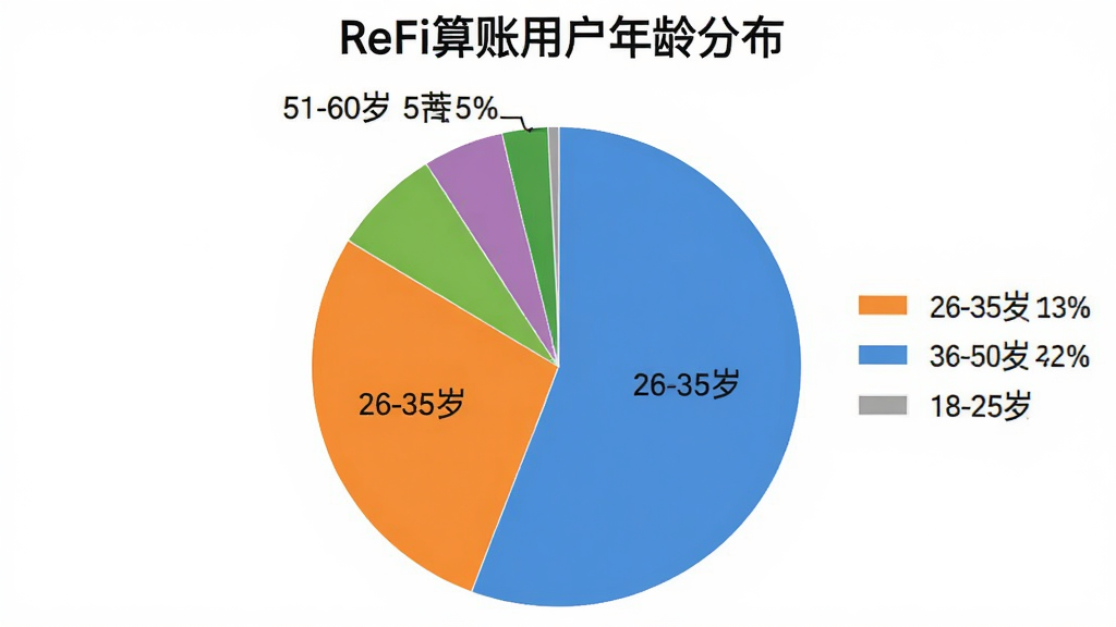 一张饼状图,标题为“ReFi算账用户年龄分布”,图中显示18-25岁占35%,26-35岁占40%,36-50岁占20%,51-60岁占5%,不同颜色区分,图例清晰,背景白色,风格简洁专业,画质干净无多余元素