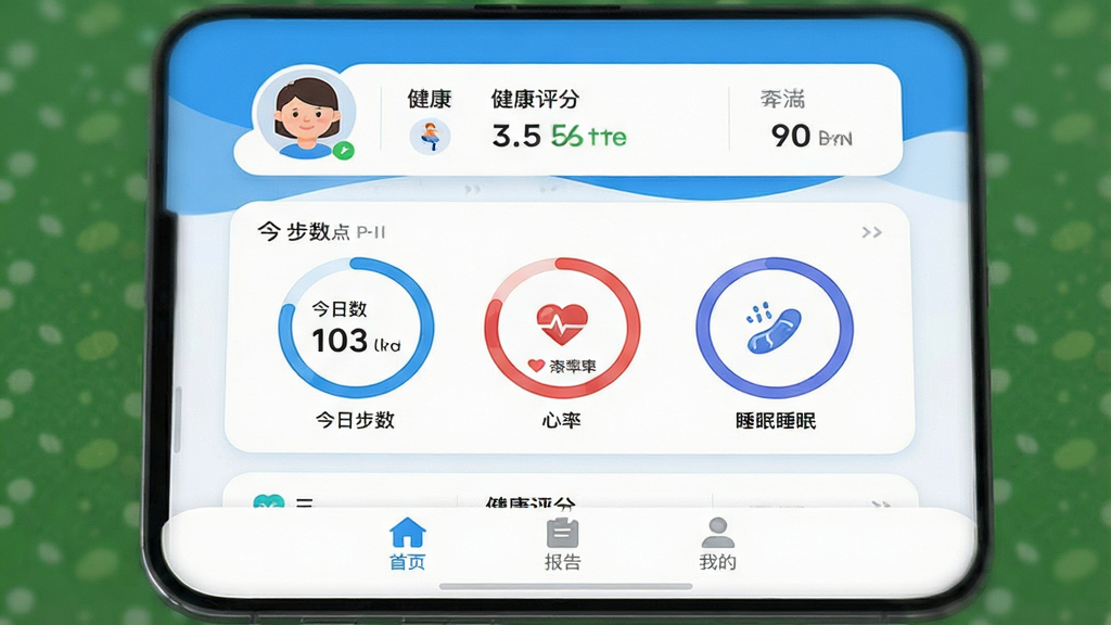 一张展示“A健康”应用主界面的高清截图,主界面以清新蓝白为主色调,顶部显示用户头像和健康评分,中间是今日步数、心率和睡眠三个圆形数据环,底部有首页、报告、我的三个标签栏,整体风格简洁现代,扁平化设计,圆角卡片布局,画质干净,UI细节精致,无多余元素