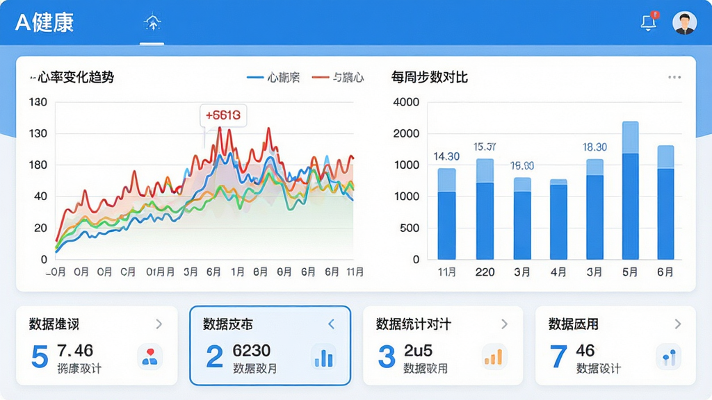 一张展示“A健康”数据图表界面的截图,界面包含彩色折线图展示心率变化趋势,柱状图对比每周步数,底部有数据统计卡片,整体风格简洁清晰,蓝白配色,图表标注清晰,排版整齐,画质干净,无多余元素