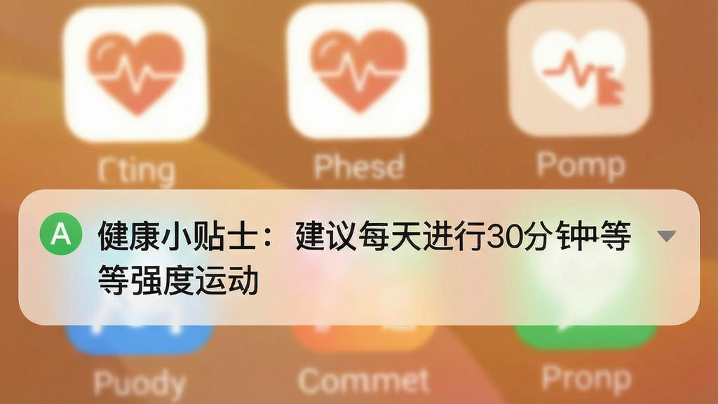一张展示“A健康”健康小贴士通知栏的截图,手机通知栏显示一条推送,内容为“健康小贴士:建议每天进行30分钟中等强度运动”,背景是模糊的健康图标,整体风格温馨,画质干净,无多余元素