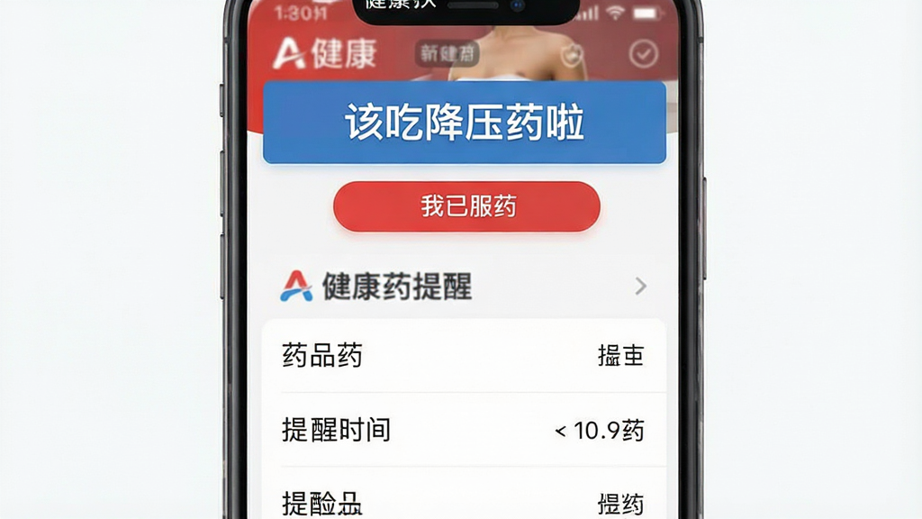 一张展示“A健康”用药提醒功能的截图,界面显示药品列表和提醒时间,顶部有一条横幅提醒“该吃降压药啦”,下方有“我已服药”按钮,整体设计简洁,红蓝点缀,清晰易懂,画质干净,无多余元素