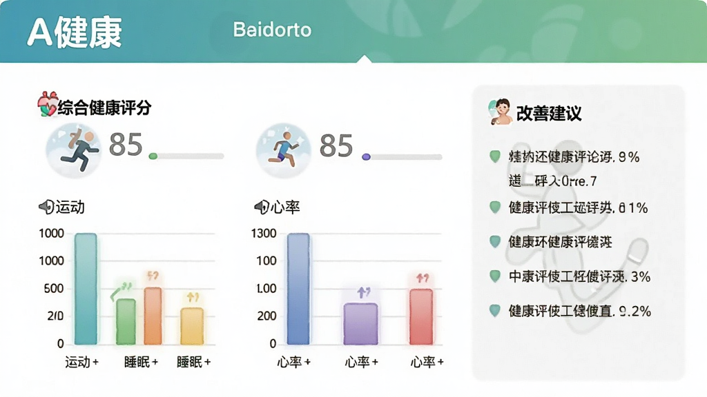 一张展示“A健康”健康评估报告的截图,报告页面包含综合健康评分85分,下方有运动、睡眠、心率三个维度条形图,以及改善建议列表,整体布局清晰,文字可读性强,风格专业但不失亲和,画质干净,无多余元素
