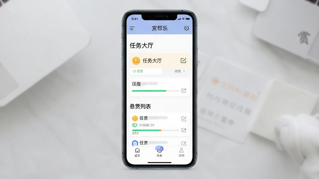 赏帮乐手机应用界面全貌,主体为手机屏幕展示,布局清晰显示“任务大厅”和“悬赏列表”,排版干净,风格现代扁平化,细节包含金币图标和任务进度条,画质高清,干净无多余元素