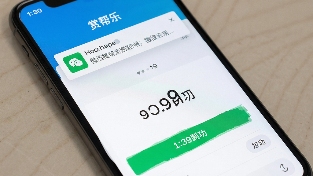 赏帮乐提现到账界面,主体为手机屏幕展示,布局显示提现成功页面,排版干净,风格写实,细节包含微信到账通知和金额数字,画质清晰,干净无多余元素