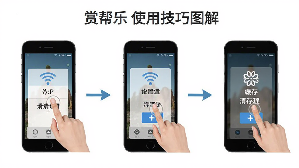 赏帮乐使用技巧图解,主体为手机操作步骤示意,布局展示滑动屏幕和点击按钮的手势,排版为步骤流程图风格,风格简洁教学向,细节包含WiFi设置和缓存清理图标,画质干净,无多余元素