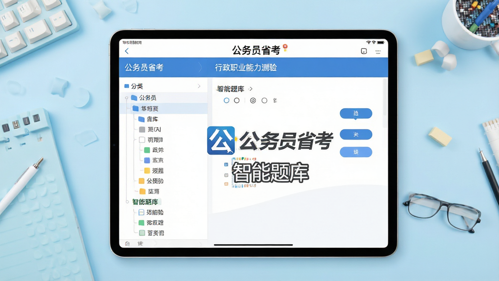 主体:平板电脑横屏展示“公务员省考”App的题库练习界面,左侧是题目列表,右侧是答题区域,题目上方有“行政职业能力测验”字样;布局:平板居中放置,背景为浅蓝色渐变工作台;排版:界面左侧显示分类树状目录,右侧显示单选题目和选项按钮;风格:现代扁平化UI设计风格,界面简洁清晰;细节:屏幕中突出显示“公务员省考”Logo和“智能题库”字样,色彩搭配舒适,画质干净无多余元素;画质:高清渲染,锐利清晰。