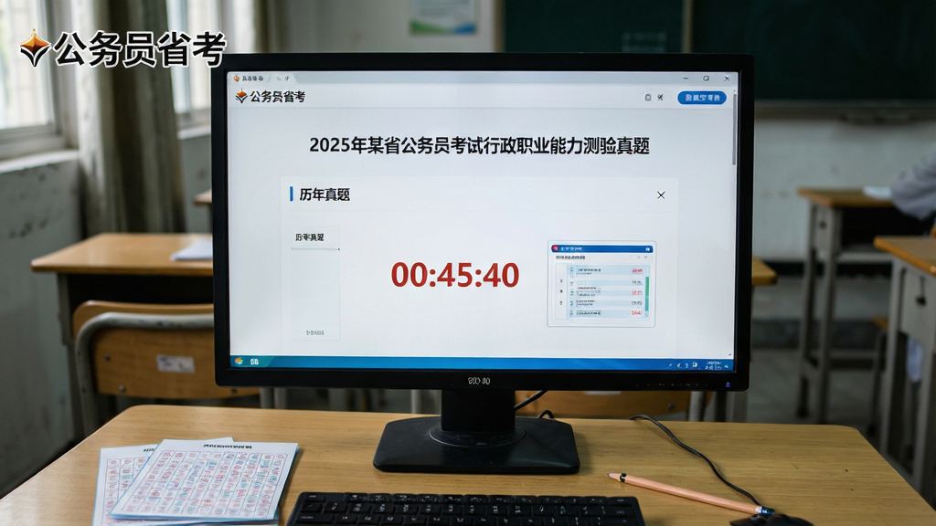 主体:模拟考试场景,电脑屏幕显示“公务员省考”App的真题模考界面,试卷标题为“2025年某省公务员考试行政职业能力测验真题”;布局:电脑屏幕居中,背景为教室课桌,摆放答题卡和2B铅笔;排版:屏幕中显示倒计时和答题卡缩略图;风格:真实摄影风格,略带严肃的考试氛围;细节:屏幕左上角有“公务员省考”Logo,界面清晰显示“历年真题”板块,画质干净无多余元素;画质:高清实拍质感,细节清晰。