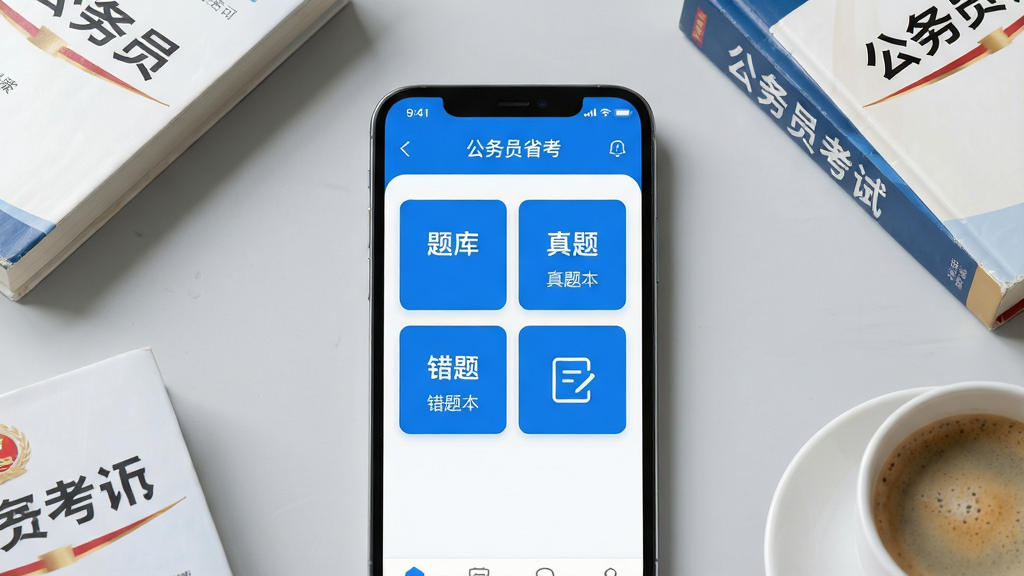 主体:智能手机屏幕特写,屏幕内清晰显示“公务员省考”App主界面,包含“题库”“真题”“错题本”等蓝色卡片按钮;布局:手机居中,背景为浅灰色桌面,周围散落几本公务员考试书籍和一杯咖啡;排版:手机屏幕内容占视觉中心,界面UI排列整齐;风格:写实摄影风格,光线柔和,现代简约;细节:屏幕中文字标签清晰可见“公务员省考”,界面色彩以蓝白为主,画质干净无多余元素;画质:4K超清,细节丰富。