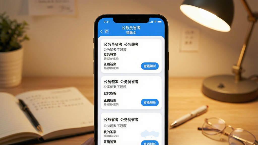 主体:手机屏幕特写,展示“公务员省考”App的错题本界面,列表中有几道错题卡片,每张卡片显示题目概要、我的答案、正确答案和“查看解析”按钮;布局:手机居中,背景为简约书桌,旁边有笔记本和台灯;排版:错题卡片采用圆角设计,垂直排列;风格:温馨的学习场景摄影,暖色调灯光;细节:屏幕顶部有“公务员省考”和“错题本”字样,界面蓝色点缀,画质干净无多余元素;画质:超清细节,柔和光线。