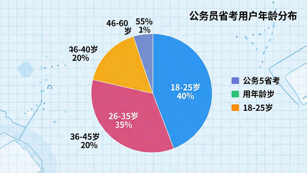 主体:饼状图,展示“公务员省考”用户年龄分布,18-25岁占40%,26-35岁占35%,36-45岁占20%,46-60岁占5%;布局:饼状图居中,背景为浅蓝色网格纸;排版:图例清晰,百分比标签醒目;风格:现代数据可视化风格,简洁明快;细节:图表右上角标注“公务员省考用户年龄分布”,色彩鲜艳,画质干净无多余元素;画质:高清渲染,数字清晰。