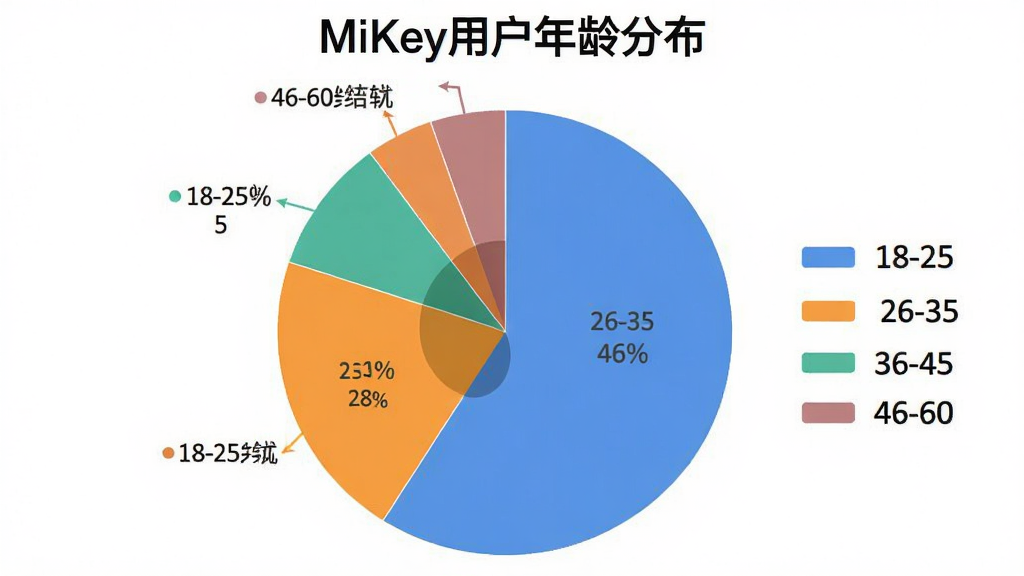 一张用户年龄分布饼状图,标题“MiKey用户年龄分布”,按18-25、26-35、36-45、46-60分段,其中26-35岁占46%,36-45岁占28%,18-25岁占18%,46-60岁占8%,用不同颜色区分,图例清晰,排版直观,画质干净,无多余元素