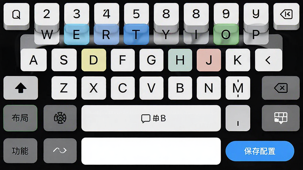 一张手机端应用设置页面概念图,主体是虚拟键盘布局编辑器,按键高亮显示可点击状态,下方有功能选择列表,布局为上半屏键盘、下半屏选项,排版清晰,风格现代,细节包括“保存配置”按钮和按键颜色标记,画质干净,无多余元素