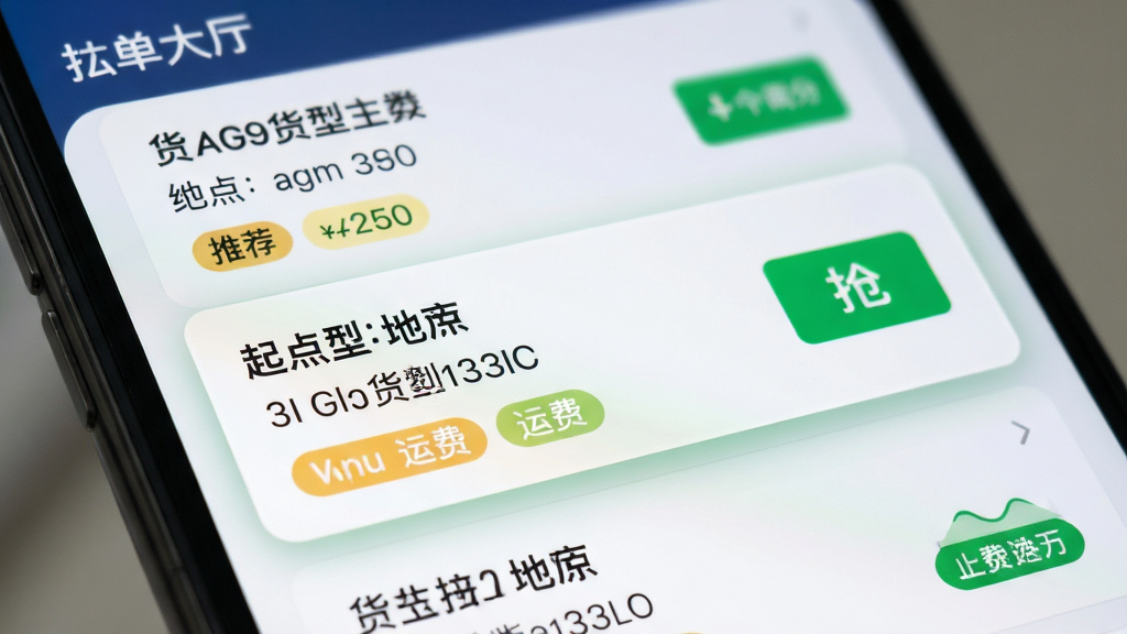 一个手机App界面的局部特写,画面聚焦在“抢单大厅”列表,每条货源卡片上清晰显示起终点城市、货物类型、重量和运费金额,其中一条卡片被高亮放大,旁边有一个绿色的“抢”字按钮。背景虚化,突出列表的清晰排版和智能推荐标签,风格写实,光线柔和,画质干净无多余元素。