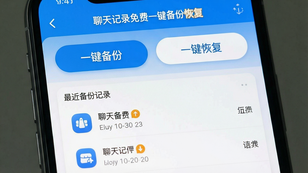 一张手机屏幕截图风格的图片,主体显示“聊天记录免费一键备份恢复”应用的主界面,界面以清新的蓝白色调为主,顶部有“一键备份”和“一键恢复”两个大按钮,下方有最近备份记录列表,界面风格简洁现代,扁平化设计,图标圆润,画质干净无多余元素