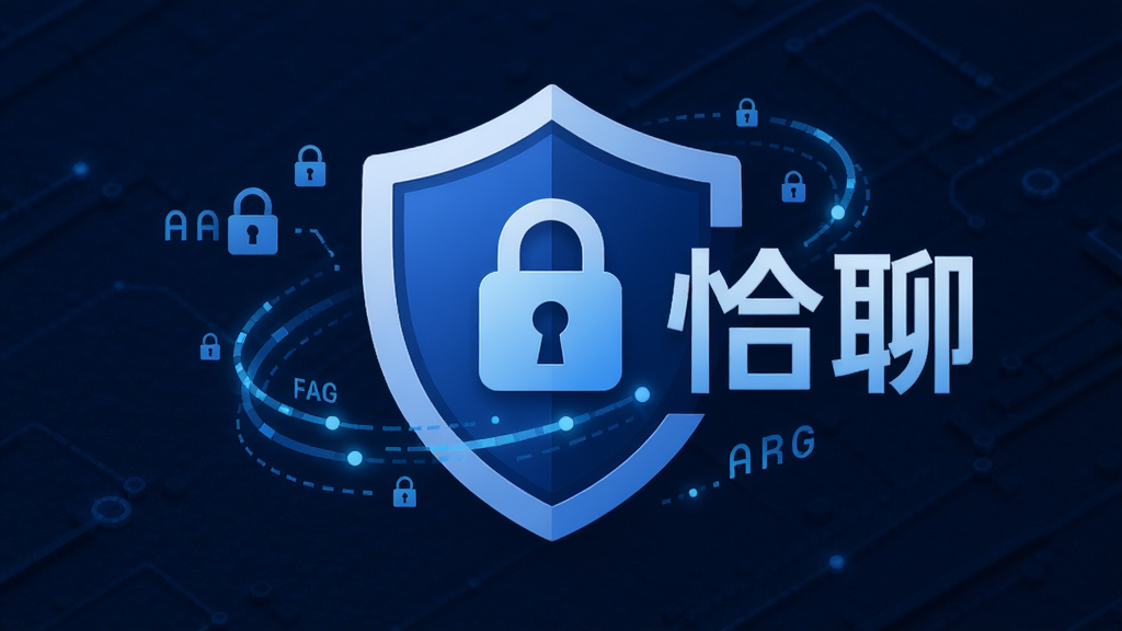一个安全盾牌图标与“恰聊”二字结合,背景是深蓝色科技感纹理,盾牌中央有锁形图案,周围有数据流线条环绕,布局居中,风格偏扁平化设计,细节包含加密字符点缀,画质清晰干净无多余元素