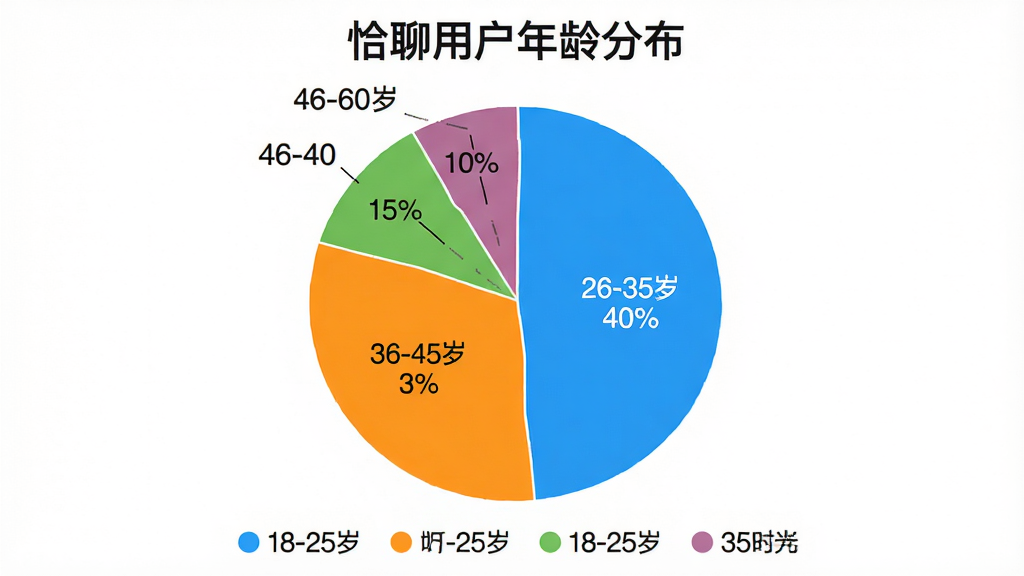 一个饼状图,展示“恰聊”用户年龄分布,18-25岁占35%,26-35岁占40%,36-45岁占15%,46-60岁占10%,图表配色鲜明明快,标题写有“恰聊用户年龄分布”,下方有图例说明,风格简洁清晰,画质干净无多余元素