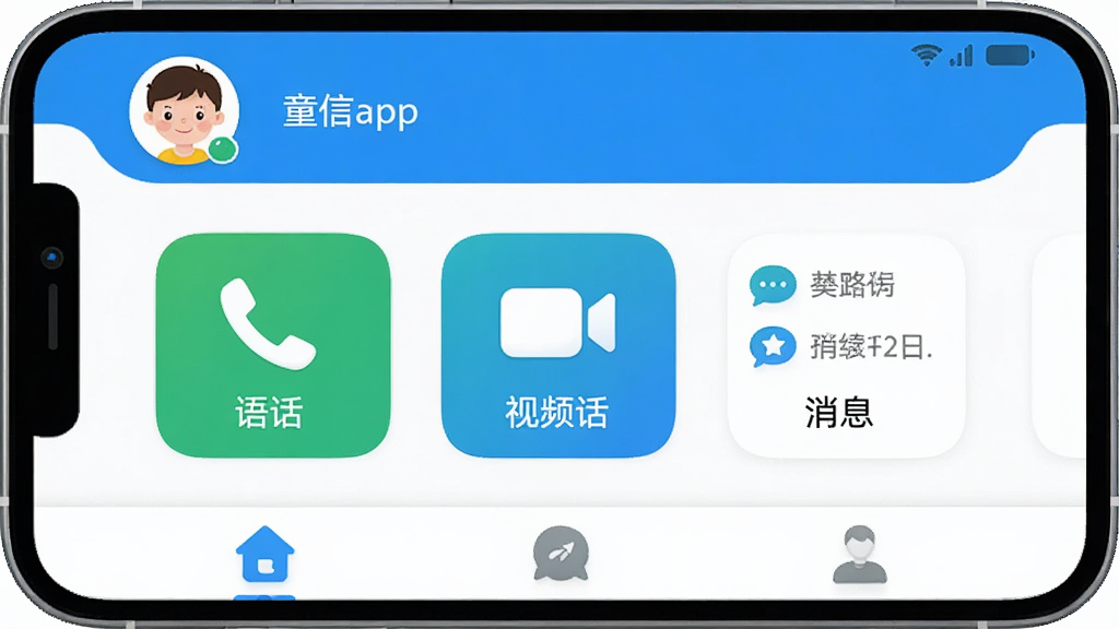 一张展示童信app主界面的高清截图,主体是手机屏幕,屏幕内显示童信主界面,布局为顶部是孩子头像和状态栏,中间是几个大图标按钮,如语音通话、视频通话、消息列表,底部为三个选项卡,风格现代扁平,色彩明快,以蓝色和白色为主色调,细节圆润,画质干净无多余元素