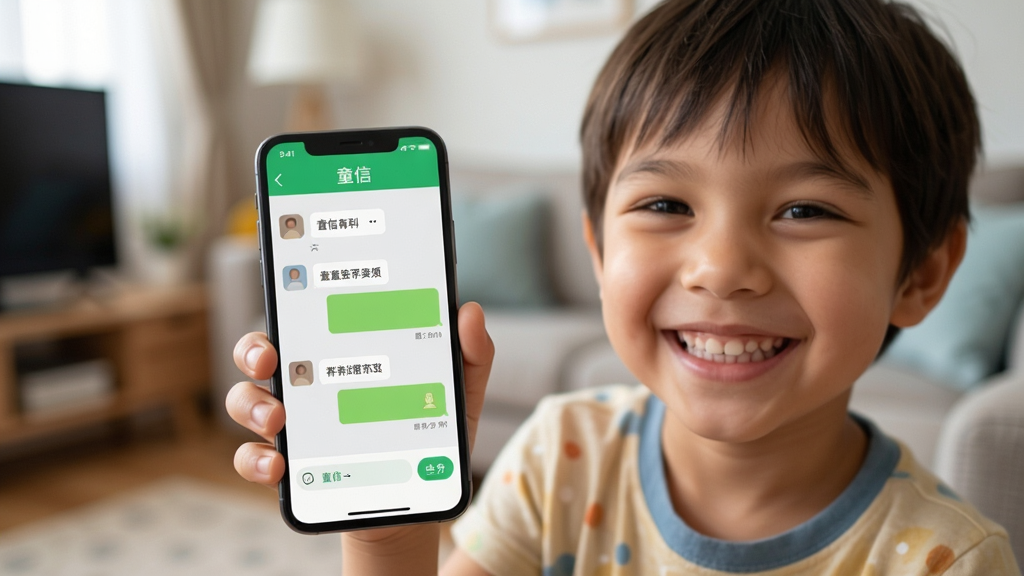 一张展示童信app使用场景的图片,主体是一个孩子拿着手机,手机屏幕显示童信聊天界面,布局为前景是孩子开心的笑脸,背景是模糊的客厅环境,风格真实自然,色彩明亮,细节丰富,画质高清干净