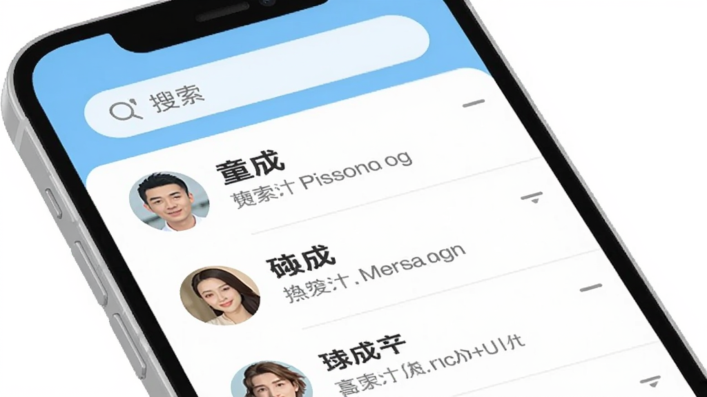 展示童信app的界面设计,主体是手机屏幕,屏幕内显示聊天列表,布局为顶部是搜索栏,下方是几个好友会话,每个会话显示头像、昵称和最后一条消息预览,风格扁平化,色彩以白色和浅蓝色为主,细节圆润,画质干净无多余元素